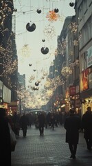 Obraz premium Street decorated with festive lights and ornaments in the evening