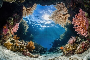 Naklejka premium Underwater scene showcasing vibrant coral reefs and sunlight.