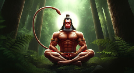 Hanuman meditating in a serene forest, embodying inner peace, devotion, and his unwavering commitment to righteousness