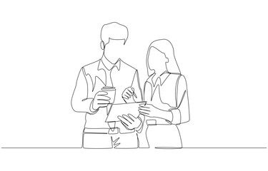 Continuous one line drawing of female employee asking colleague for advice about work, talking about work in office concept, single line art