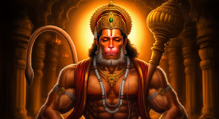 Obraz premium Hanuman with a radiant halo, symbolizing his unwavering devotion, courage, and his divine mission to uphold righteousness