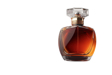 Elegant amber fragrance bottle positioned artistically against a neutral background
