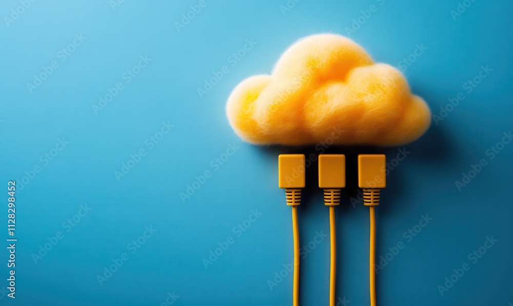 Aufkleber creative concept of yellow cloud with cables on blue background symbolizing cloud computing and tech