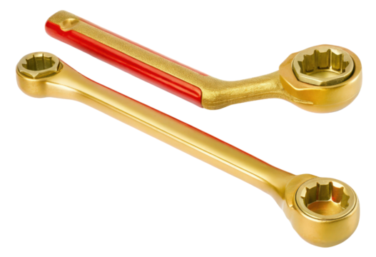 A pair of gold-colored open-end wrenches isolated with transparent background