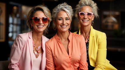 Three Smiling Mature Caucasian Women portrait with short hair and soft colored fancy clothes and sunglasses with a blurry room in background