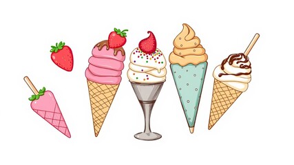 Hand drawn set of various ice creams including cones, popsicles, and sundaes in vector sketch style, cones, sweets