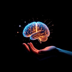 Fototapeta premium Floating Brains Above Hand: Creativity Concept Representing Imagination and Innovation on Black Background