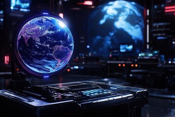 digital hologram of globe projecting from sleek console in dimly lit environment