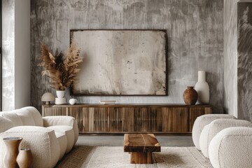 Soft boucle sofa and wooden sideboard in a Japandi loft living room with abstract art on a gray concrete wall