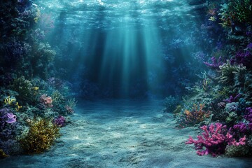 Fototapeta premium Underwater scene with colorful coral and light rays.