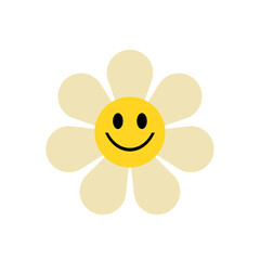 Groovy flower cartoon character. Funny happy daisy with eyes and smile.