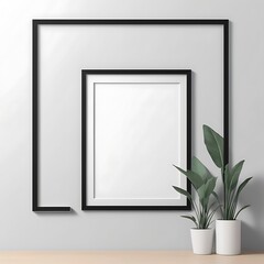 Blank Picture Frame Mockup on Wall in Modern Interior, Artwork Template Mockup in Interior Design, Wooden Picture Frame Mockup on White Wall Minimalist &ndash; Pro Photo