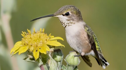 Fototapeta premium Close-up of a hummingbird feeding on a vibrant yellow flower, showcasing nature's beauty and pollination process in detail.
