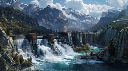 Hydroelectric facility with water rushing through turbines surrounded by mountains