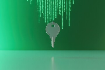 digital key floating above sleek surface with glowing binary code streaming in background