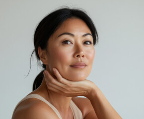 serene 45 year old Asian woman in beige tank top poses with her hand resting on her chin, exuding confidence and grace against neutral background