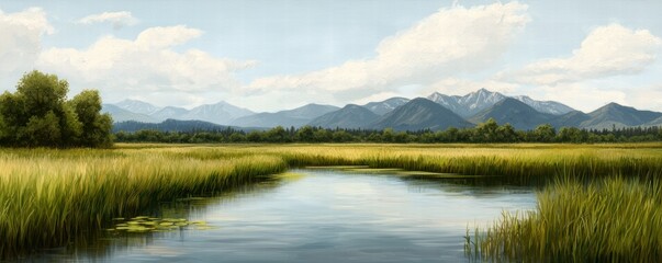 Fototapeta premium wildlife rescue recovery concept. A serene landscape featuring a tranquil river surrounded by lush greenery and mountains under a clear blue sky.