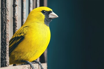 wildlife rescue recovery concept. A vibrant yellow bird perched near bars, showcasing its striking plumage and distinctive features against a blurred background.
