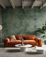 Minimalist living room interior with round coffee tables, orange velvet sofa, and green stucco wall for a sleek and cozy design