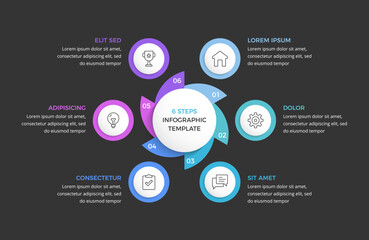 Circle infographic template with 6 elements, dark background, vector eps10 illustration