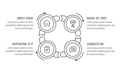 Fototapeta premium Hand drawn circular chart template with 4 elements, doodle infographics, vector eps10 illustration