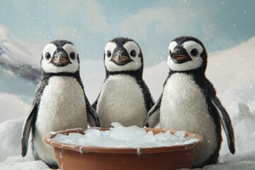 Fototapeta premium wildlife rescue recovery concept. Three adorable penguins gather around a bowl of ice, set against a snowy backdrop, showcasing their playful nature in a winter wonderland.