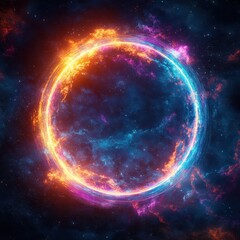 ** Vibrant Cosmic Energy Ring in Space with Fiery and Icy Hues Against a Starry Galaxy Background..**