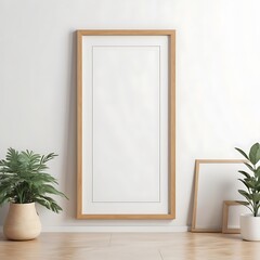 Blank Picture Frame Mockup on Wall in Modern Interior, Artwork Template Mockup in Interior Design, Wooden Picture Frame Mockup on White Wall Minimalist – Pro Photo