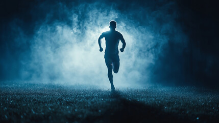 A man running at night in the fog on a grassy field, illuminated by soft light from behind. The silhouette of an athlete runner in action, with space for text or design. Sports advertising concept.