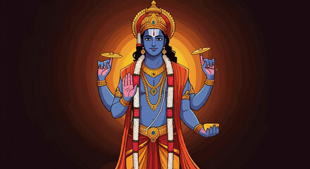 Fototapeta premium A powerful illustration of Lord Vishnu with four arms holding divine objects, adorned with royal attire and a glowing halo, symbolizing balance and protection