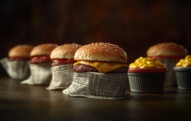 Delicious Gourmet Hamburgers Wrapped in Newspaper with Condiments, Showcasing Juicy Varieties of Beef Patties, Cheddar Cheese, and Mustard in an Artistic Presentation