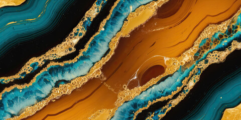 Abstract Teal Gold Brown Swirl Fluid Acrylic Painting Texture Background