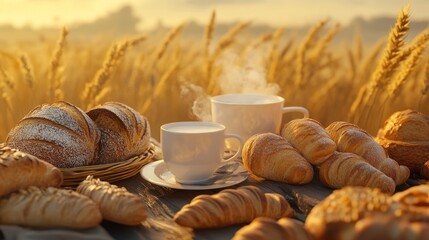 Freshly baked pastries and steaming coffee cups set against a golden wheat field at sunrise, evoking warmth and comfort.