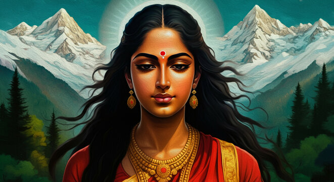 A serene and radiant portrait of Goddess Parvati with a glowing bindi, adorned with traditional jewelry, set against a Himalayan mountain backdrop symbolizing grace and divinity