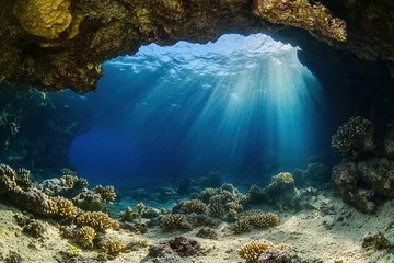 Fototapete Rund Underwater scene with coral and sunlight rays. © Abdul
