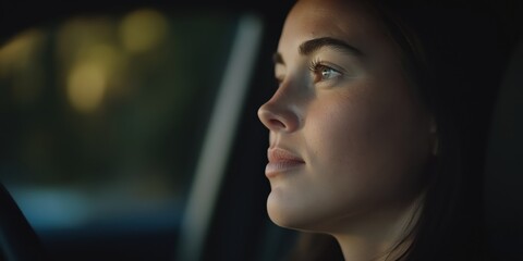 Obraz premium A portrait of a young woman with deep contemplation in her gaze, reflecting on life while seated in a car, capturing a serene yet thoughtful moment. Perfect for emotional storytelling.