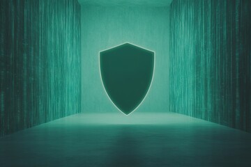 digital shield with glowing edges hovering in dark futuristic background filled with abstract data streams