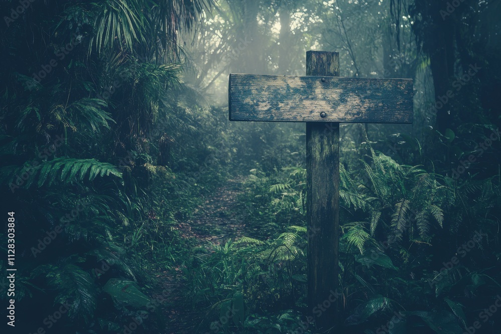 Poster mysterious forest path with fog and a wooden sign