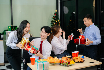 Christmas party! Festive decor, Santa hats, gifts, food, and cheerful coworkers bring joy and togetherness this holiday season