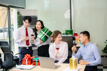 Christmas party! Festive decor, Santa hats, gifts, food, and cheerful coworkers bring joy and togetherness this holiday season
