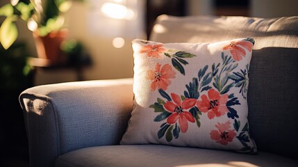 decorative floral pillow on a cozy sofa