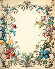 Medieval floral style page border with flowers and vines in muted colors around negative space.