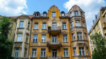 Fototapeta premium Old, weathered apartment buildings in a row. Ideal for historical, urban, and architectural projects.