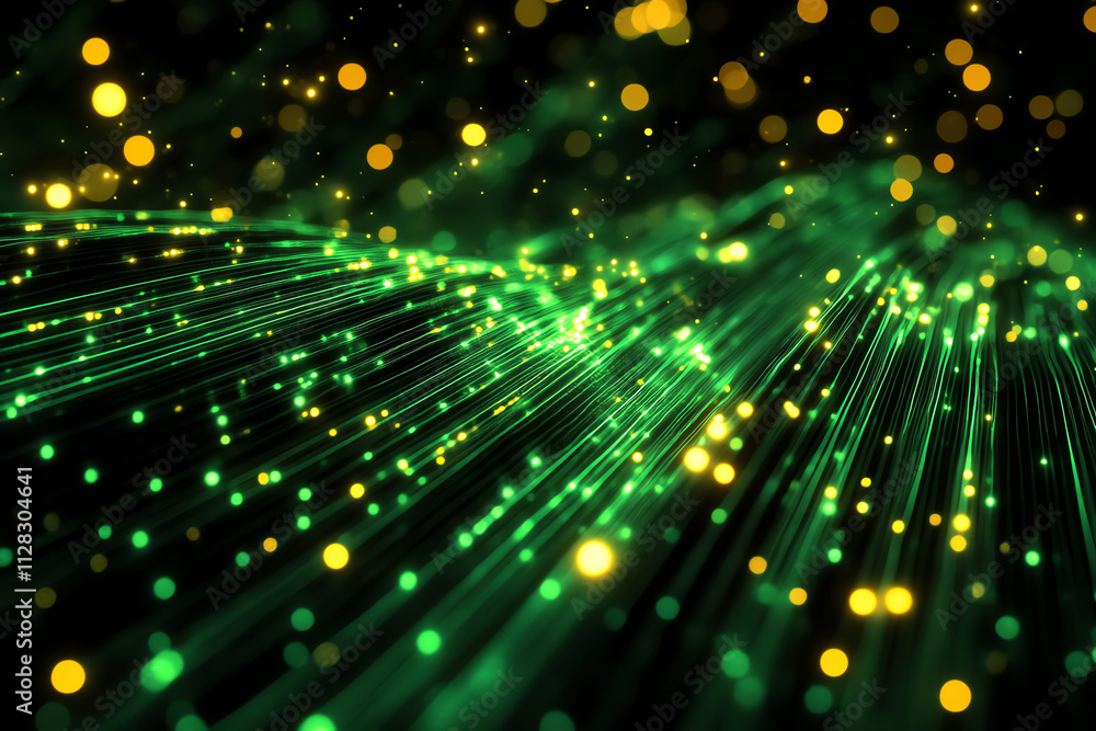 Poster abstract digital background with glowing lights and green streaks of data flowing.
