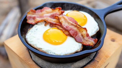 Sizzling bacon and eggs cooking in a cast iron skillet outdoor kitchen food photography rustic setting close-up view breakfast delight