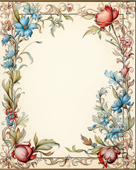 Medieval floral style page border with flowers and vines in muted colors around negative space..