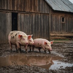 A pair of pigs playing in a mud puddle near an old barn.