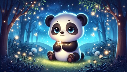 Cute panda cub holding glowing firefly in magical night field