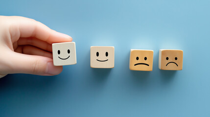 Wooden emotion cubes showing happy and sad faces on blue surface
