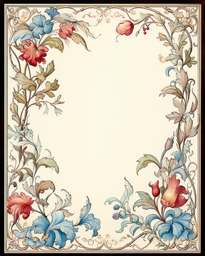 Medieval floral style page border with flowers and vines in muted colors around negative space.